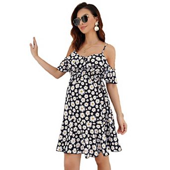 Womens Off Shoulder Maternity Dress Casual Ruffle Floral Flowy Boho Dress for Photoshoot