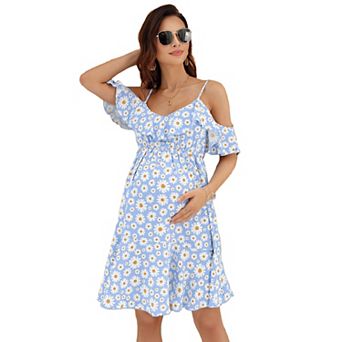 Womens Off Shoulder Maternity Dress Casual Ruffle Floral Flowy Boho Dress for Photoshoot