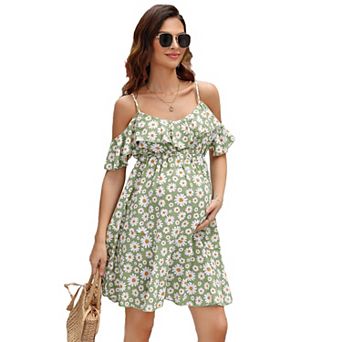 Womens Off Shoulder Maternity Dress Casual Ruffle Floral Flowy Boho Dress for Photoshoot