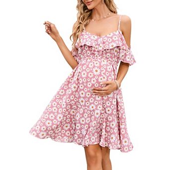 Womens Off Shoulder Maternity Dress Casual Ruffle Floral Flowy Boho Dress for Photoshoot