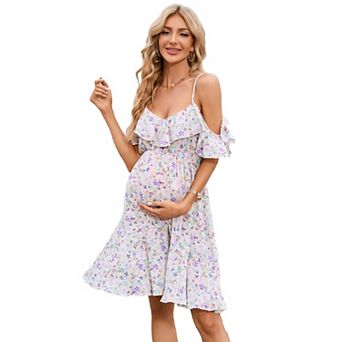 Womens Off Shoulder Maternity Dress Casual Ruffle Floral Flowy Boho Dress for Photoshoot