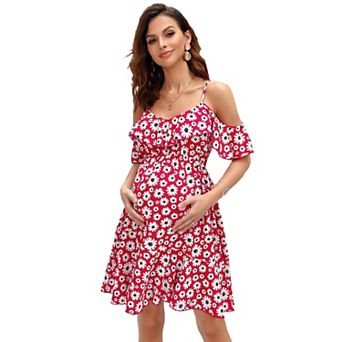 Womens Off Shoulder Maternity Dress Casual Ruffle Floral Flowy Boho Dress for Photoshoot