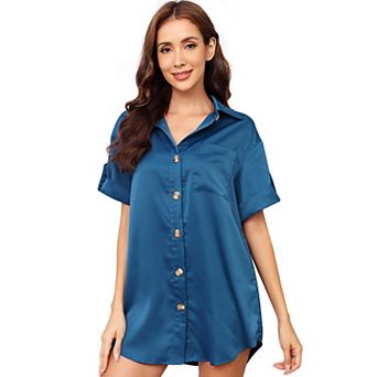 Women's Satin Short Sleeve Shirt Dress, Button Down Curved Hem Casual Dress