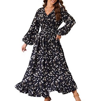 Women's V-Neck Balloon Sleeve Floral Maxi Dress, Ruffled Hem Casual Dress