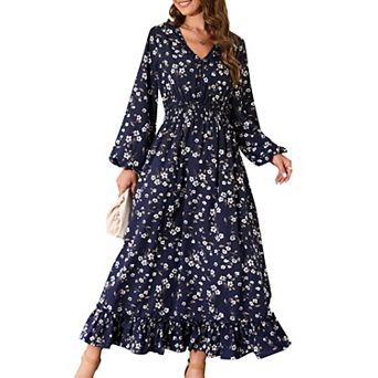 Women's V-Neck Balloon Sleeve Floral Maxi Dress, Ruffled Hem Casual Dress