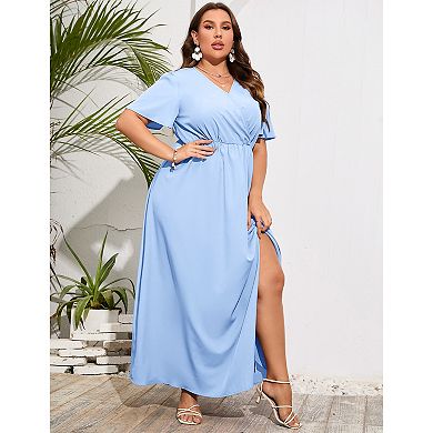 Plus Size V-Neck Short Sleeve Maxi Dress for Women, Wrap Split Casual Dress
