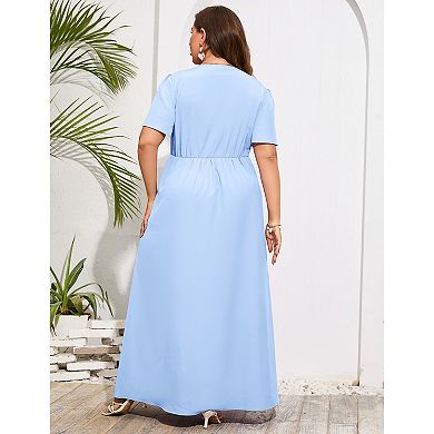 Plus Size V-Neck Short Sleeve Maxi Dress for Women, Wrap Split Casual Dress