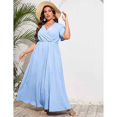 Plus Size V-Neck Short Sleeve Maxi Dress for Women, Wrap Split Casual Dress