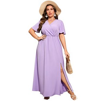 Plus Size V-Neck Short Sleeve Maxi Dress for Women, Wrap Split Casual Dress