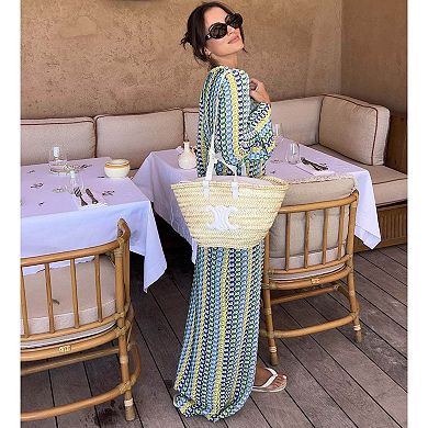 Women's Striped Crochet Knit Maxi Cover-Up, Open Front Long Sleeve Beach Kimono Dress