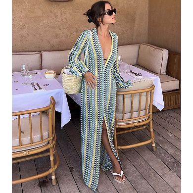 Women's Striped Crochet Knit Maxi Cover-Up, Open Front Long Sleeve Beach Kimono Dress