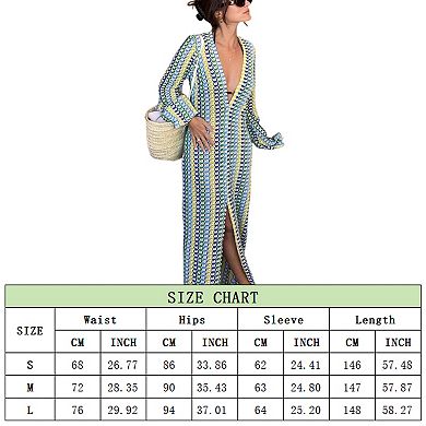 Women's Striped Crochet Knit Maxi Cover-Up, Open Front Long Sleeve Beach Kimono Dress