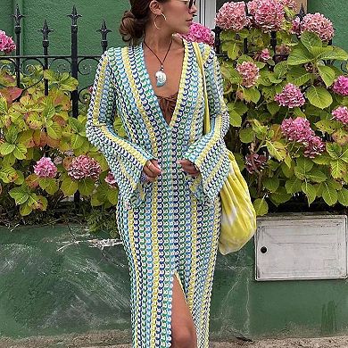 Women's Striped Crochet Knit Maxi Cover-Up, Open Front Long Sleeve Beach Kimono Dress
