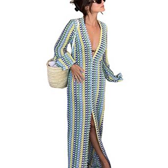 Women's Striped Crochet Knit Maxi Cover-Up, Open Front Long Sleeve Beach Kimono Dress