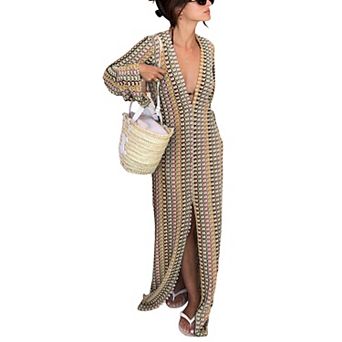 Women's Striped Crochet Knit Maxi Cover-Up, Open Front Long Sleeve Beach Kimono Dress