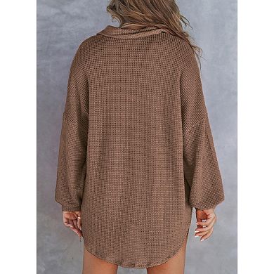 Women's Waffle Knit Henley Shirt, Oversized Long Sleeve Casual Button Down Blouse with Pocket