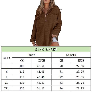 Women's Waffle Knit Henley Shirt, Oversized Long Sleeve Casual Button Down Blouse with Pocket