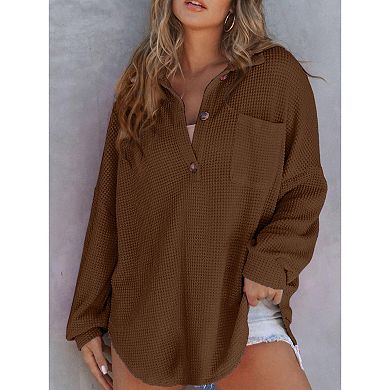 Women's Waffle Knit Henley Shirt, Oversized Long Sleeve Casual Button Down Blouse with Pocket