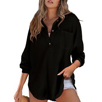 Women's Waffle Knit Henley Shirt, Oversized Long Sleeve Casual Button Down Blouse with Pocket