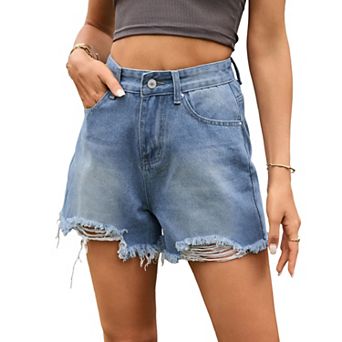 Womens Ripped Denim Shorts High Waisted Frayed Hem Casual Shorts for Summer Beach