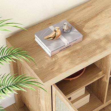 58 Inch Bohemian TV Stand with 2 Rattan Doors & Adjustable Shelves, Fits TVs Under 75 Inches