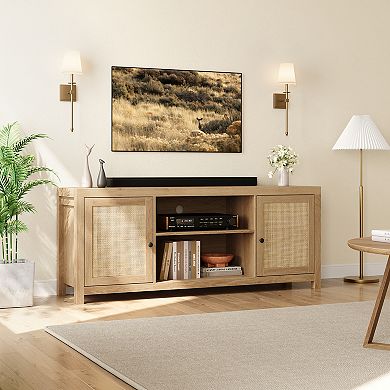 58 Inch Bohemian TV Stand with 2 Rattan Doors & Adjustable Shelves, Fits TVs Under 75 Inches