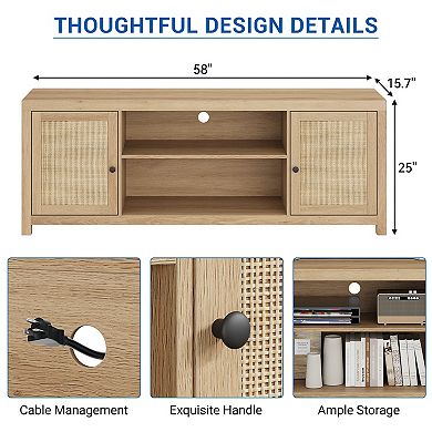 58 Inch Bohemian TV Stand with 2 Rattan Doors & Adjustable Shelves, Fits TVs Under 75 Inches