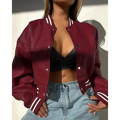 Women's Casual High Neck Long Sleeve Jacket Short Button Down Motorcycle Jacket