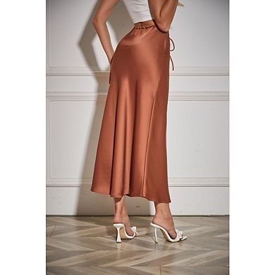 Women's High Waist Trendy Office Holiday Party Long Drawstring Flared Skirt