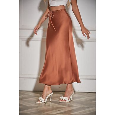 Women's High Waist Trendy Office Holiday Party Long Drawstring Flared Skirt