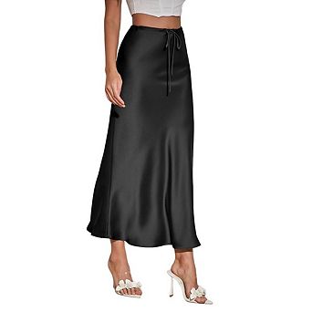 Women's High Waist Trendy Office Holiday Party Long Drawstring Flared Skirt