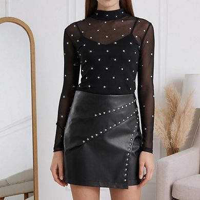 Women High Waist Leather with Side Slit Irregular a-Line Bodycon Mini Skirt