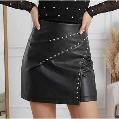 Women High Waist Leather with Side Slit Irregular a-Line Bodycon Mini Skirt