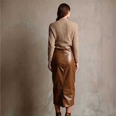 Women Casual High Waisted Bodycon Long Leather Skirts with Slit