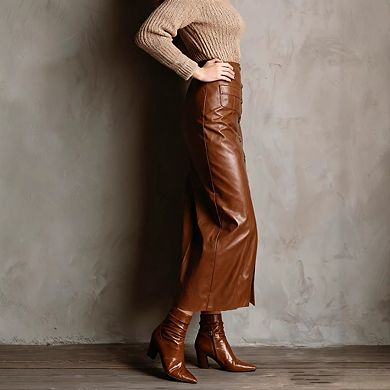 Women Casual High Waisted Bodycon Long Leather Skirts with Slit