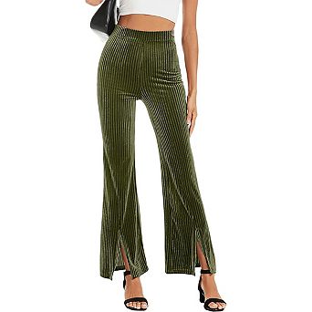 Women's Flare Velvet Corduroy Leggings Elastic High Waist Bootcut Front Split Ribbed Casual Pants
