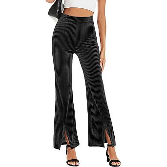 Women's Flare Velvet Corduroy Leggings Elastic High Waist Bootcut Front Split Ribbed Casual Pants