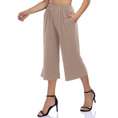 Women's Elastic Waist Solid Palazzo Casual Wide Leg Pants with Pockets