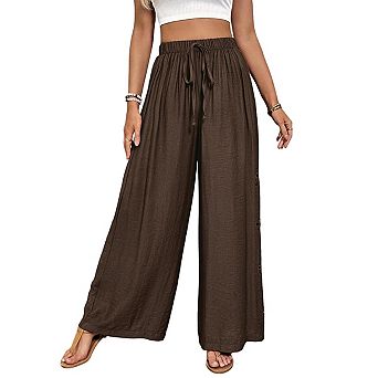 Womens Summer Elastic High Waist Pants Drawstring Casual Loose Wide Leg Trousers Pants