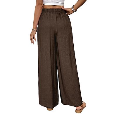 Womens Summer Elastic High Waist Pants Drawstring Casual Loose Wide Leg Trousers Pants