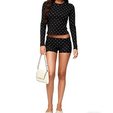 Women's Polka Dot 2-Piece Loungewear Set Long Sleeve Top and Fold-Over Waist Shorts