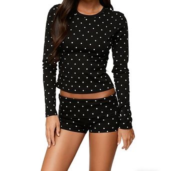 Women's Polka Dot 2 pc Loungewear Set Long Sleeve Top and Fold-Over Waist Shorts