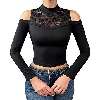 Women's Lace Trim Off the Shoulder Long Sleeve Slim Fit Crop Tops