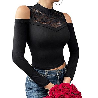 Women's Lace Trim Off the Shoulder Long Sleeve Slim Fit Crop Tops