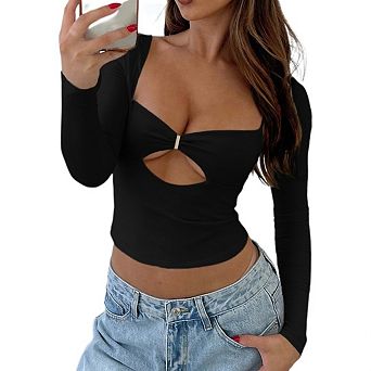 Women's Trendy Long Sleeve Sweetheart Neck Cute Slim Fitted Corset Crop Tops
