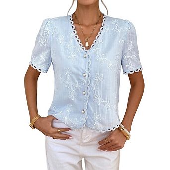 Women's Floral Embroidered Button Down Frill Trim Short Sleeve v Neck Vacation Shirts