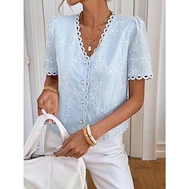 Women's Floral Embroidered Button Down Frill Trim Short Sleeve v Neck Vacation Shirts