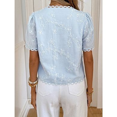 Women's Floral Embroidered Button Down Frill Trim Short Sleeve v Neck Vacation Shirts