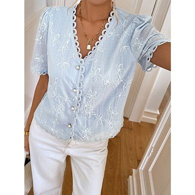Women's Floral Embroidered Button Down Frill Trim Short Sleeve v Neck Vacation Shirts