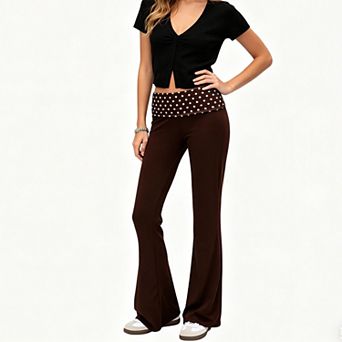 Women's Polka Dot Foldover Waist Bootcut Pants, High Waist Slim Fit Casual Trousers